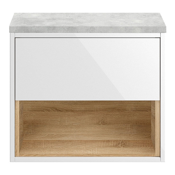 Haywood Gloss White / Natural Oak Wall Hung Countertop Vanity - 600mm w. Open Shelf + Bellato Grey Worktop  Profile Large Image