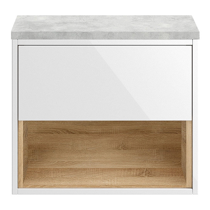 Haywood Gloss White / Natural Oak Wall Hung Countertop Vanity - 600mm w. Open Shelf + Bellato Grey Worktop Profile Large Image