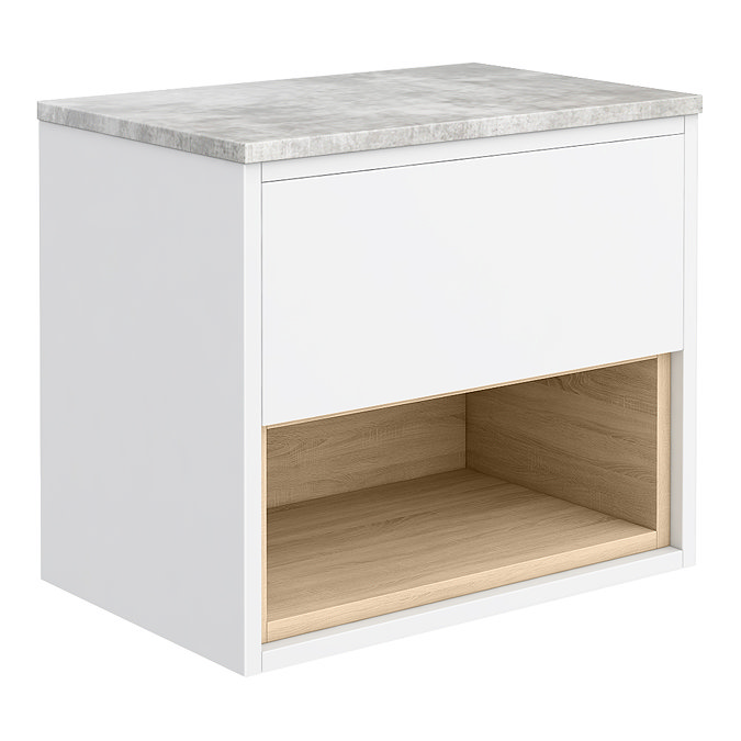 Haywood Gloss White / Natural Oak Wall Hung Countertop Vanity - 600mm w. Open Shelf + Bellato Grey W