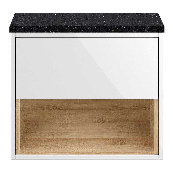Haywood Gloss White / Natural Oak Wall Hung Countertop Vanity - 600mm w. Open Shelf + Black Worktop  Profile Large Image