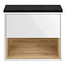 Haywood Gloss White / Natural Oak Wall Hung Countertop Vanity - 600mm w. Open Shelf + Black Worktop  Profile Large Image