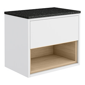 Haywood Gloss White / Natural Oak Wall Hung Countertop Vanity - 600mm w. Open Shelf + Black Worktop 