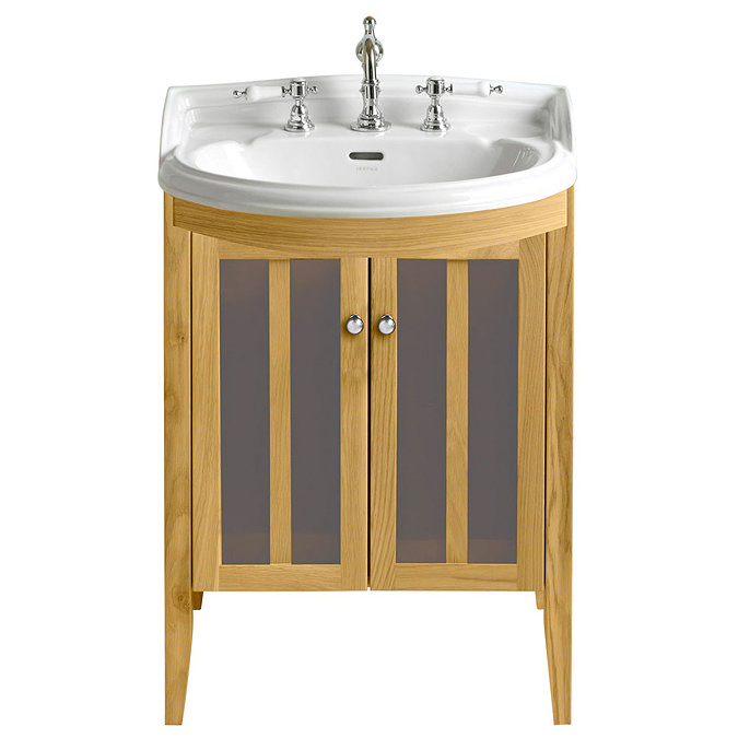 Heritage - Hidcote Freestanding Medium Bowfront Vanity Unit with Chrome Handles - Oak Large Image