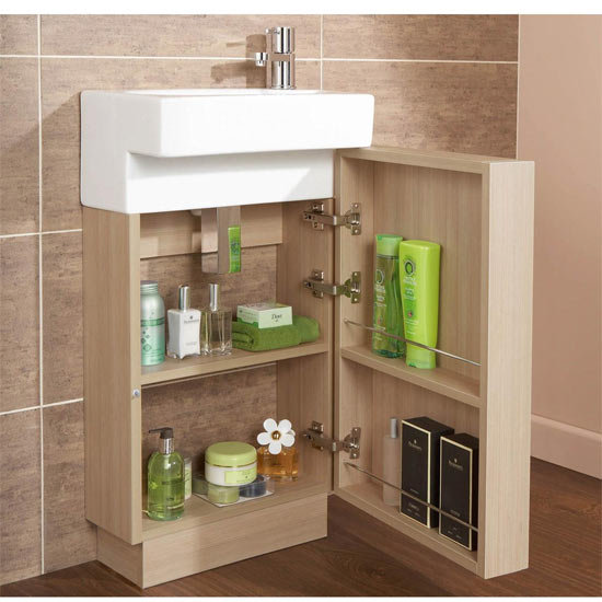 HIB - Athena Cloakroom Floor Standing Unit and Basin - Medium Oak -1380010-9660 Profile Large Image