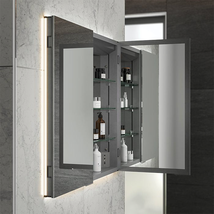 HIB Atrium 80 Semi-Recessed LED Aluminium Mirror Cabinet - 53200  Profile Large Image