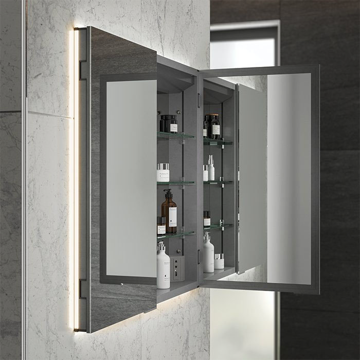 HIB Atrium 80 Semi-Recessed LED Aluminium Mirror Cabinet - 53200 Profile Large Image