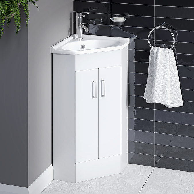Alaska Corner Vanity Unit - Gloss White - 590mm with Chrome Handles