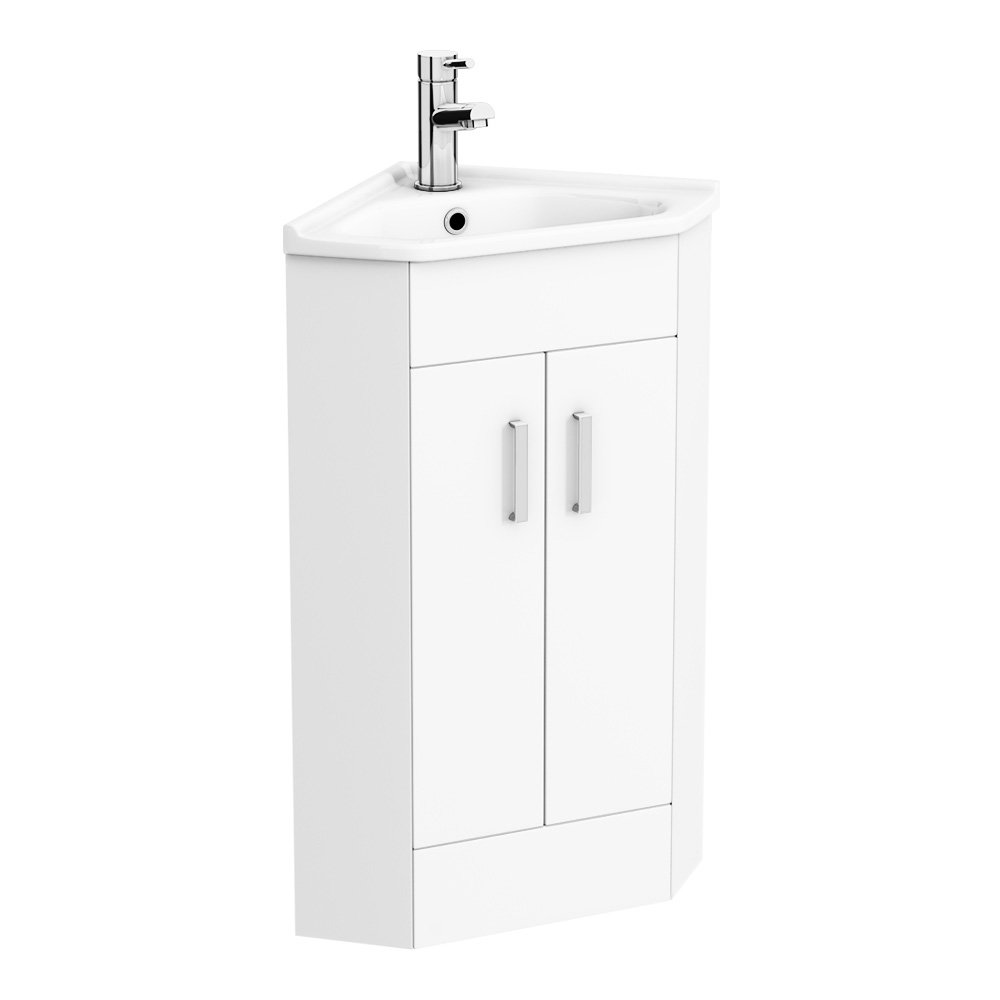 VeeBath Gloss White Corner Bathroom Vanity Unit - Basin Cabinet Set With Tap, Freestanding