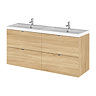 Hudson Reed 1200mm Natural Oak Full Depth Wall Hung 4-Drawer Unit & Double Basin Large Image