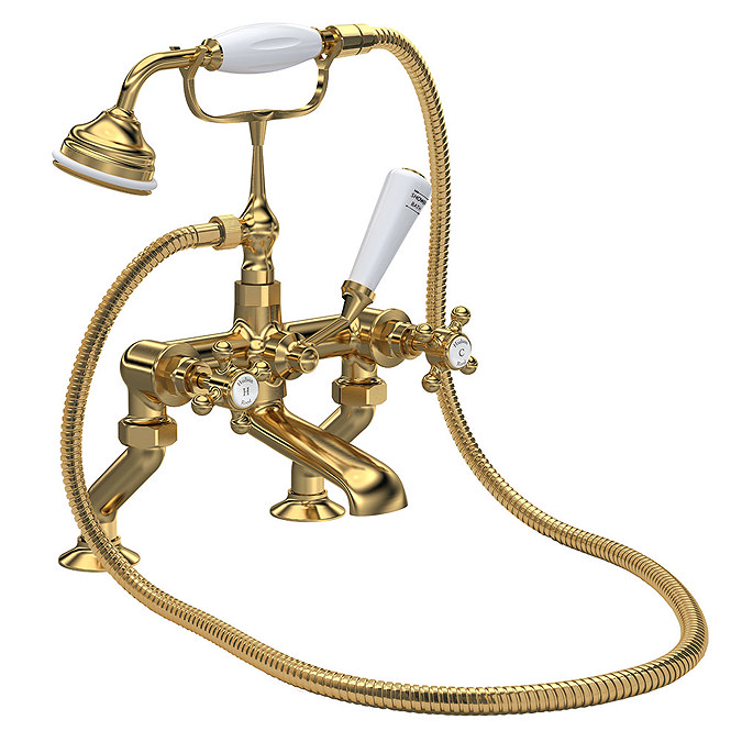 Hudson Reed Brushed Brass Topaz Crosshead Deck Mounted Bath Shower Mixer inc. Shower Kit - BC804HX L