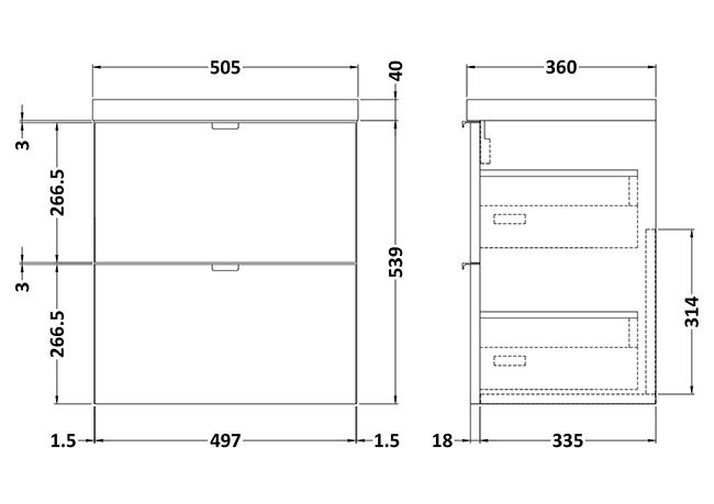 Hudson Reed Fusion 500mm Gloss White Full Depth Wall Hung 2-drawer Unit 