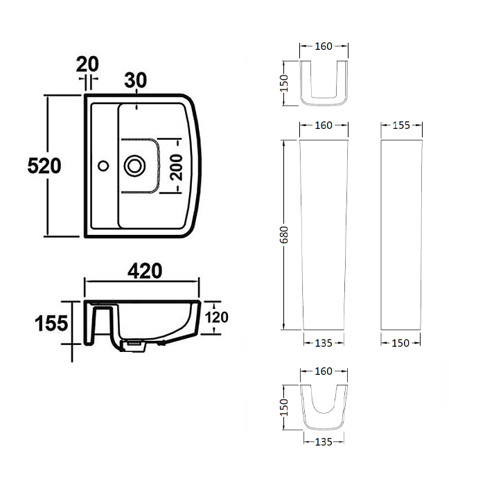 Hudson Reed - Granger 520mm Basin 1TH & Full Pedestal