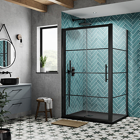 Hudson Reed Matt Black 1400 x 800mm Sliding Door Shower Enclosure + Black Tray Large Image