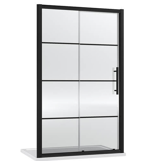 Hudson Reed Matt Black 1400 x 900mm Sliding Door Shower Enclosure + Black Tray  Standard Large Image