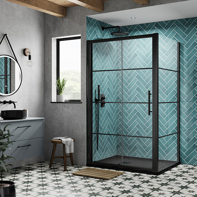 Hudson Reed Matt Black 1400 x 900mm Sliding Door Shower Enclosure + Black Tray  Large Image