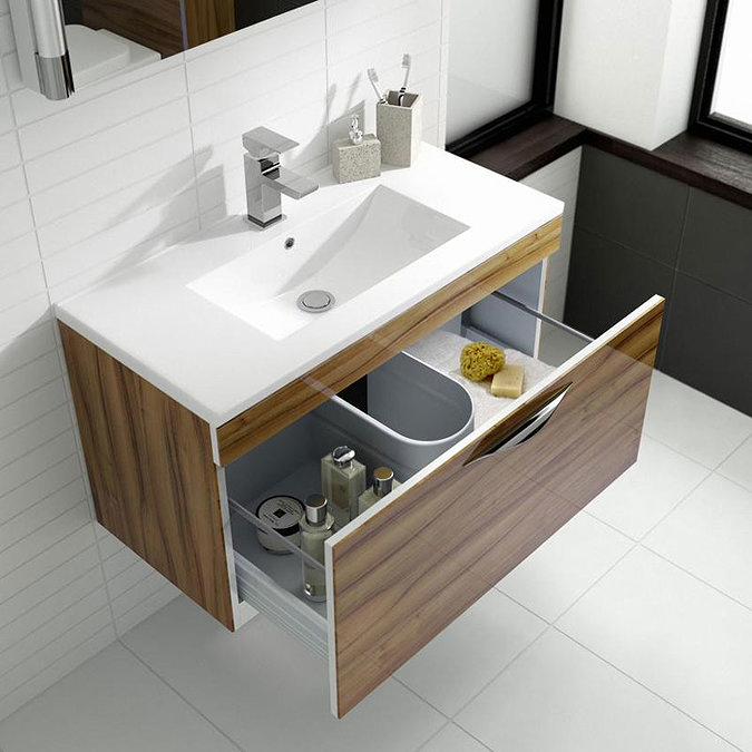 Hudson Reed Memoir 600mm 1 Drawer Wall Mounted Basin & Cabinet - Gloss Walnut - 2 Basin Options Feat