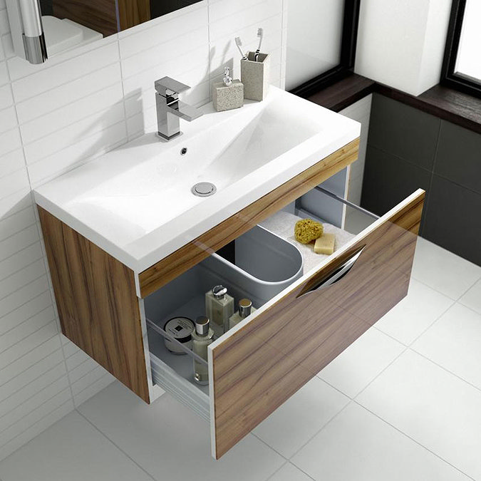 Hudson Reed Memoir 600mm 1 Drawer Wall Mounted Basin & Cabinet - Gloss Walnut - 2 Basin Options Stan