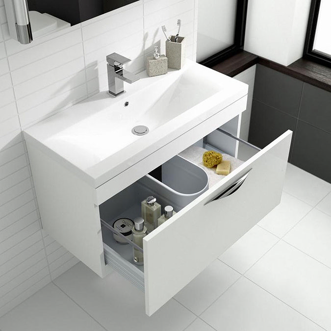 Hudson Reed Memoir 800mm 1 Drawer Wall Mounted Basin & Cabinet - Gloss White - 2 Basin Options Stand