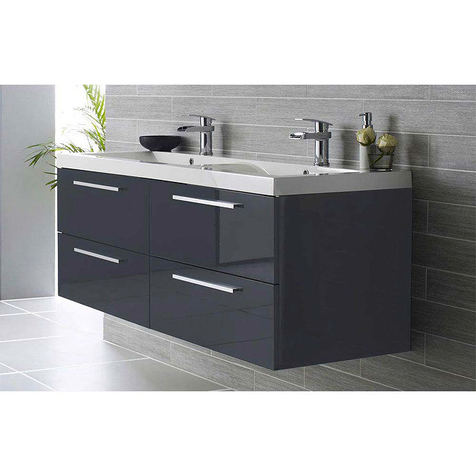 Hudson Reed - Quartet Double Basin Vanity Unit - High Gloss Grey (1440mm Wide) Large Image