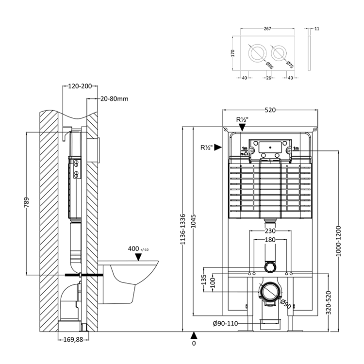 Hudson Reed Round Dual Flush Concealed WC Cistern with Wall Hung Frame