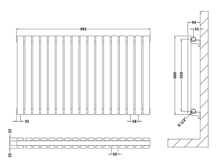 Hudson Reed Sloane 600 x 992mm Horizontal Double Panel Radiator - Satin ...