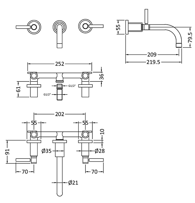 Hudson Reed Tec Lever Wall Mounted Basin Mixer - Brushed Brass