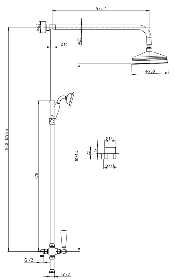 Hudson Reed Topaz Exposed Valve with Rigid Riser Kit, Diverter, 8" Shower Rose & Handset