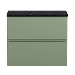 Hudson Reed Urban 600mm Satin Green Vanity Unit - Wall Hung 2 Drawer Unit with Black Worktop Large I
