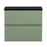 Hudson Reed Urban 600mm Satin Green Vanity Unit - Wall Hung 2 Drawer Unit with Black Worktop Large I