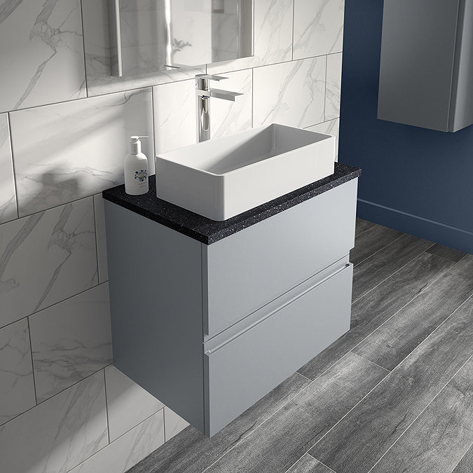 Hudson Reed Urban 600mm Satin Grey Vanity Unit - Wall Hung 2 Drawer Unit with Black Worktop Profile