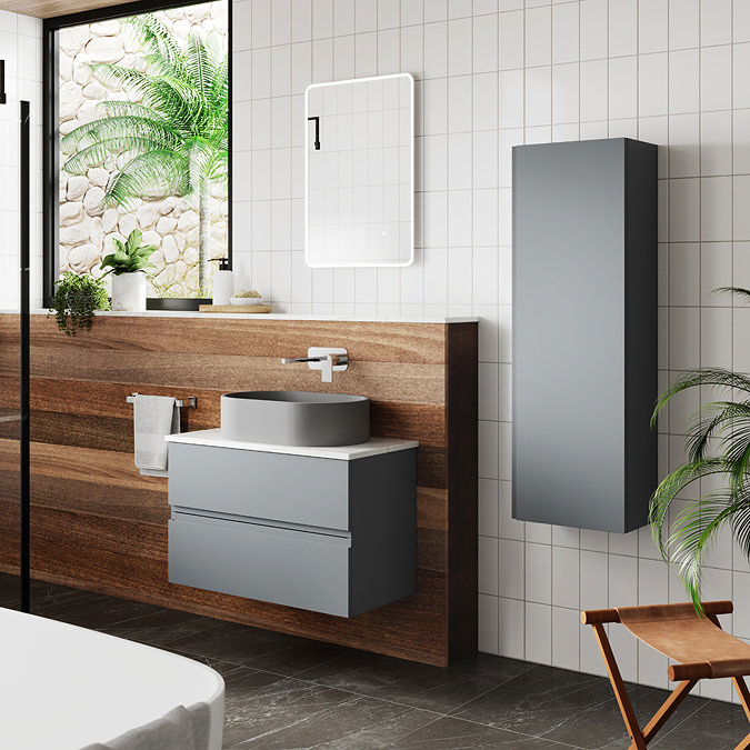 Hudson Reed Urban 600mm Satin Grey Vanity Unit - Wall Hung 2 Drawer Unit with Grey Worktop  In Bathroom Large Image