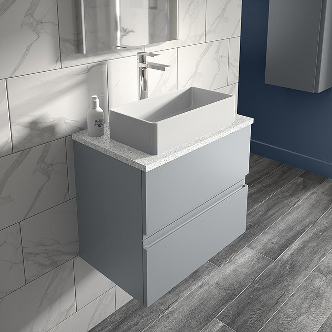 Hudson Reed Urban 600mm Satin Grey Vanity Unit - Wall Hung 2 Drawer Unit with White Worktop  Profile