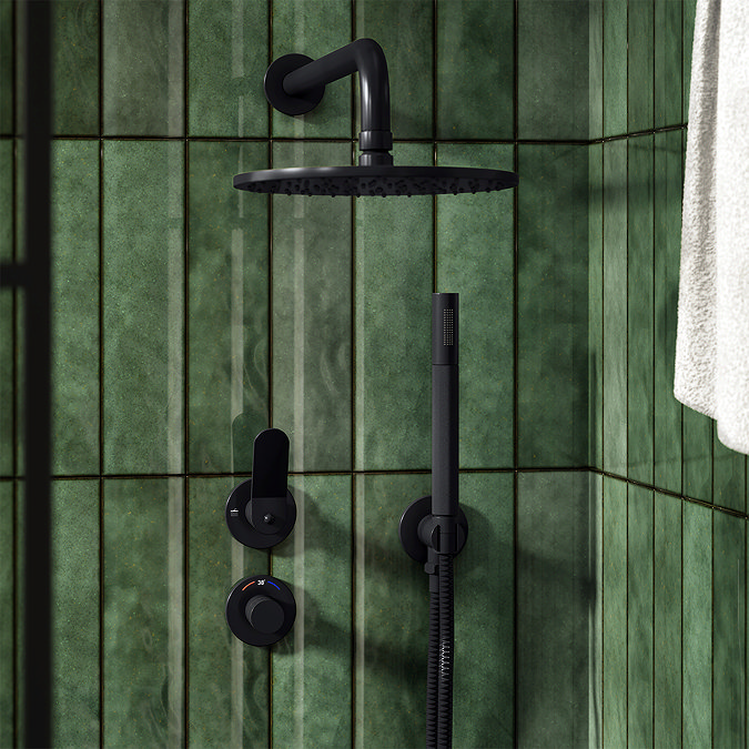 Huxley Matt Black Outlet Elbow with Parking Bracket, Flex and Knurled Handset