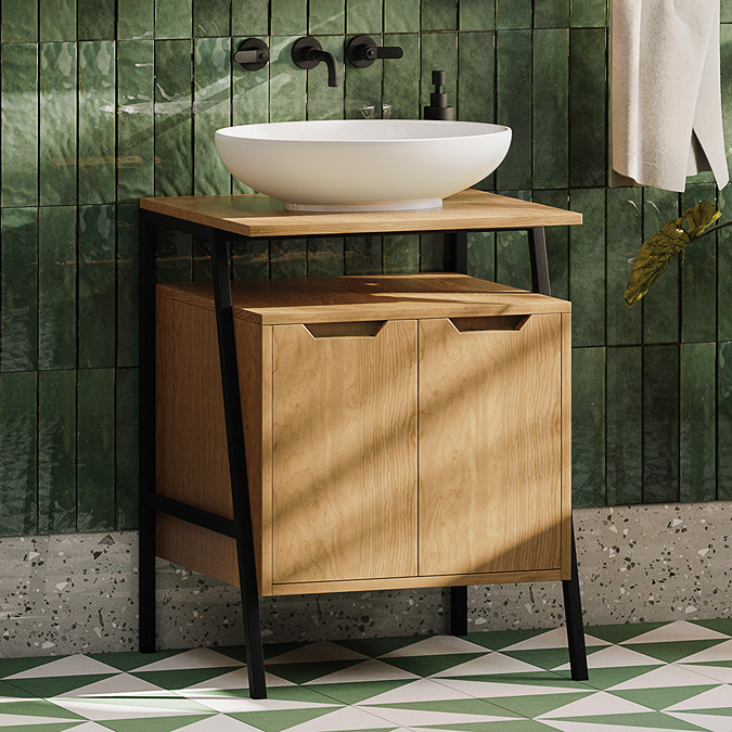 Huxley Oak & Matt Black 600mm Countertop Vanity Unit with Oval Matt White Basin