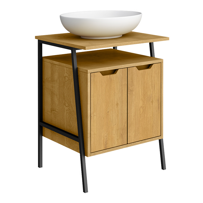 Huxley Oak & Matt Black 600mm Vanity Suite with Oval Basin, Complete Wall Hung Toilet & Matt Black Flush