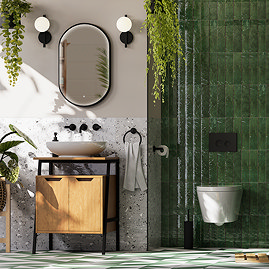 Huxley Oak & Matt Black 600mm Vanity Suite with Oval Basin, Complete Wall Hung Toilet & Matt Black Flush