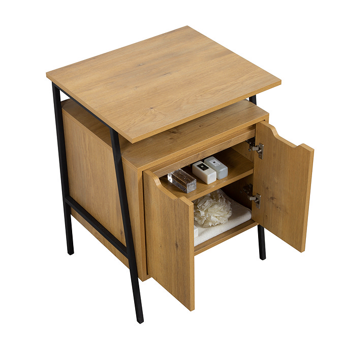 Huxley Oak & Matt Black Bathroom Suite – 600mm Vanity with Basin, Tall Shelf Unit & Mirrored Tallboy