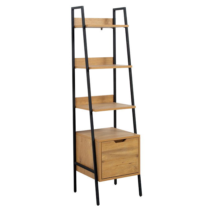 Huxley Oak & Matt Black Bathroom Suite – 600mm Vanity with Basin, Tall Shelf Unit & Mirrored Tallboy