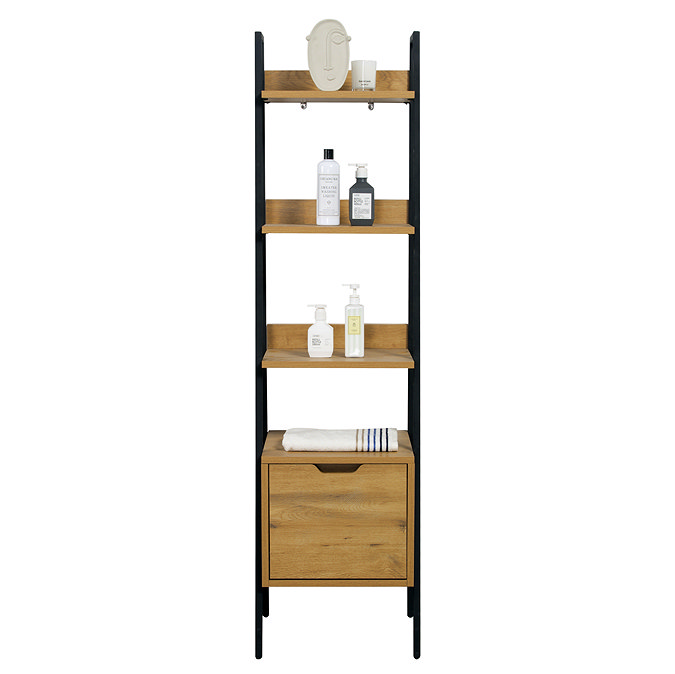 Huxley Oak & Matt Black Bathroom Suite – 600mm Vanity with Basin, Tall Shelf Unit & Mirrored Tallboy