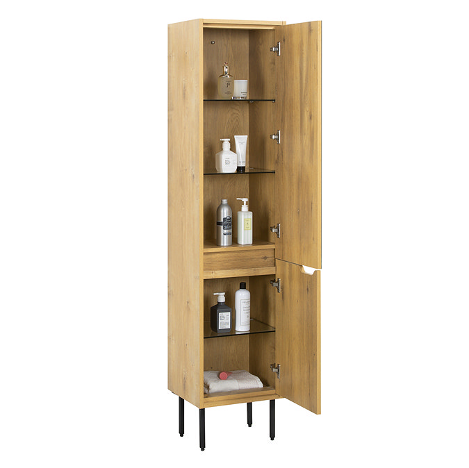 Huxley Oak & Matt Black Bathroom Suite – 600mm Vanity with Basin, Tall Shelf Unit & Mirrored Tallboy