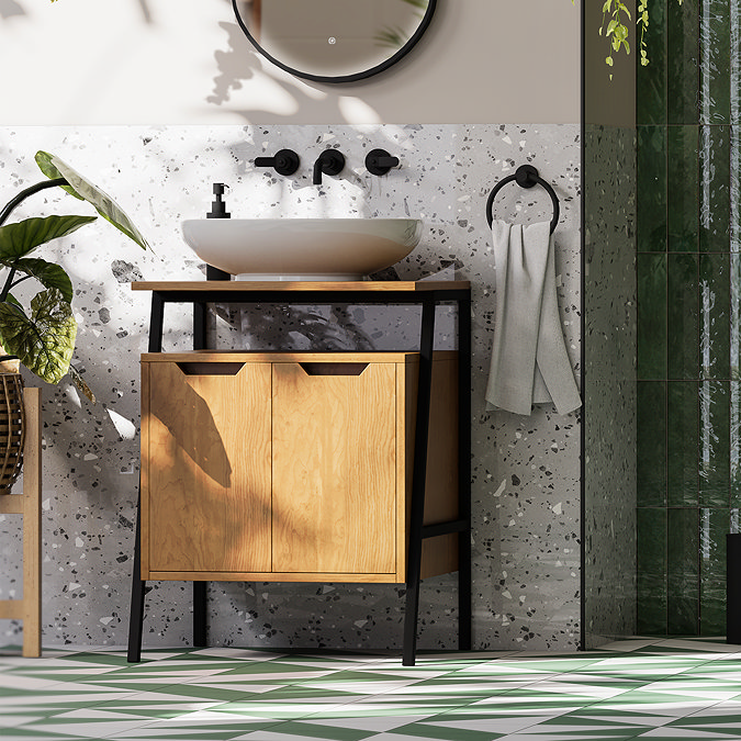 Huxley Oak & Matt Black Bathroom Suite - 600mm Vanity with Basin, Tall Shelf Unit & Mirrored Tallboy