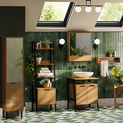 Huxley Oak & Matt Black Bathroom Suite – 600mm Vanity with Basin, Tall Shelf Unit & Mirrored Tallboy