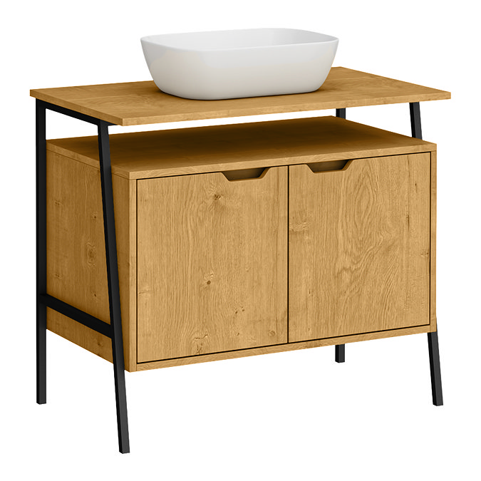 Huxley Oak & Matt Black Bathroom Suite - 900mm Vanity with Basin, Tall Shelf Unit & Mirrored Tallboy