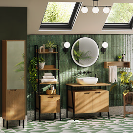 Huxley Oak & Matt Black Bathroom Suite - 900mm Vanity with Basin, Tall Shelf Unit & Mirrored Tallboy