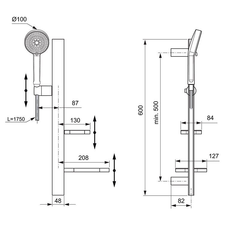 Ideal Standard Alu+ Bronze Slider Rail with 100mm 2 Function Shower Handset