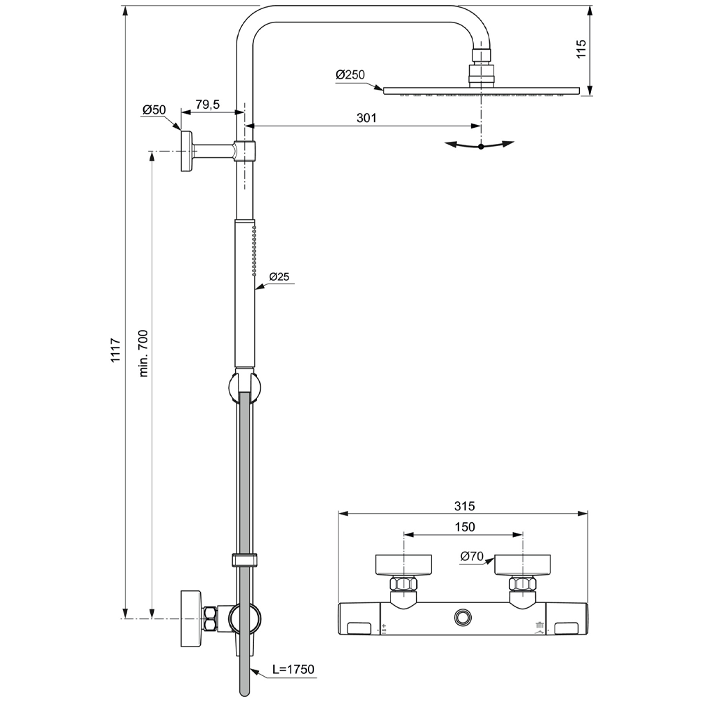Ideal Standard Ceratherm T25M Thermostatic Shower System 8 l/min - Silk Black