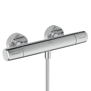 Side view of the Ideal Standard Ceratherm T25 N Exposed Thermostatic Shower Mixer in chrome, showing the wall mount and bars edge in closer detail.