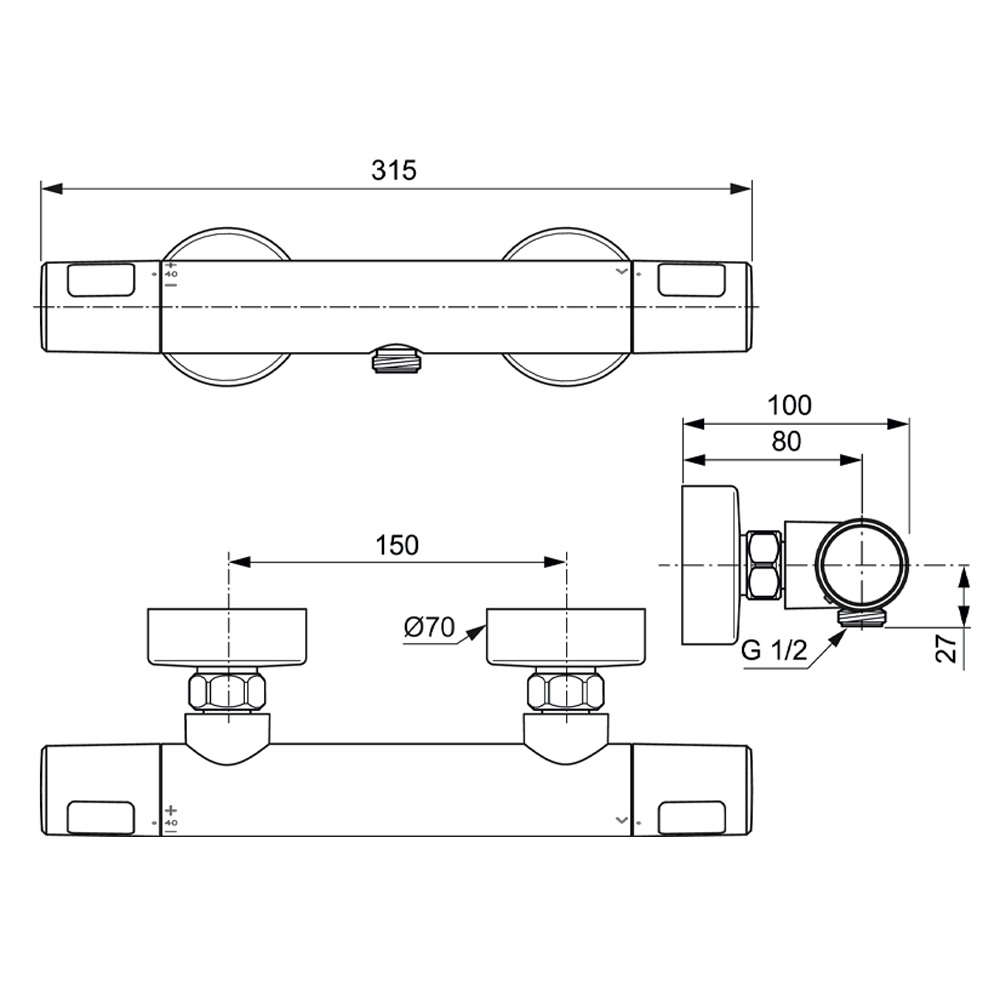 Dimensions image of the Ideal Standard Ceratherm T25 N Exposed Thermostatic Shower Mixer, showing the specific dimensions for each component.
