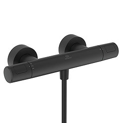 Angled-front view of the Ideal Standard Ceratherm T25 N Exposed Thermostatic Shower Mixer in Silk Black