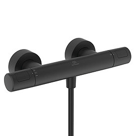 Angled-front view of the Ideal Standard Ceratherm T25 N Exposed Thermostatic Shower Mixer in Silk Black